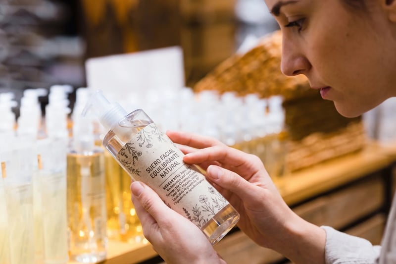 Mujer leyendo la etiqueta con los ingredientes de un sérum facial natural en una tienda